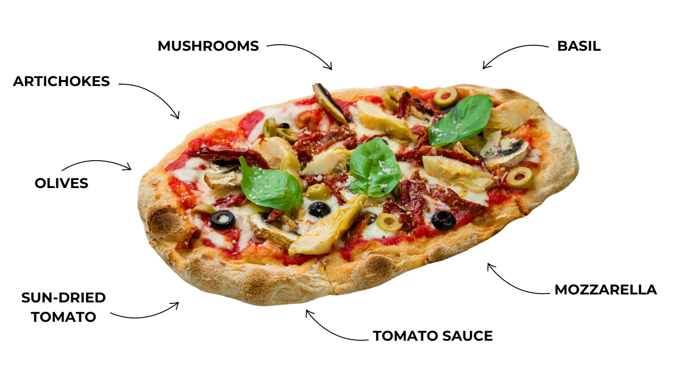 Pinsa Romana with tomato sauce, mozzarella, basil and mushrooms