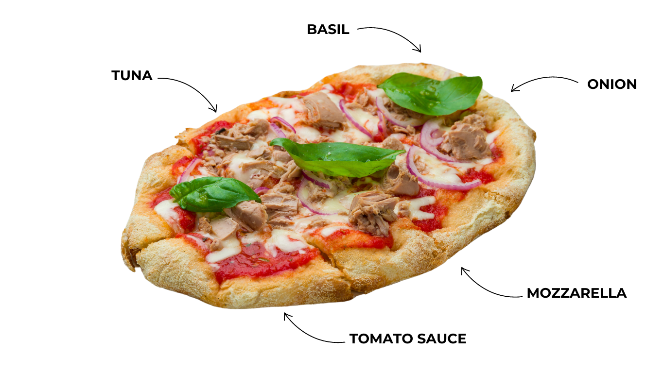 Pinsa Romana with tomato sauce, mozzarella, tuna, basil and onion